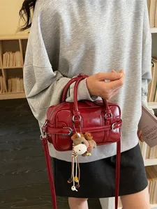 Women's Shiny PU Leather Shoulder Bag Elegant Crossbody Small Square Handbag With Plush Horse Charm Zipper Closure Fashionable Boston Bag For Daily Travel
