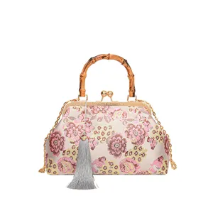 Vintage chinesischer Stil bestickte Quaste Abendtasche mit Bambusgriff und Goldkette.