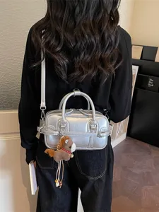 Silver metallic PU leather crossbody shoulder handbag for women with cute horse charm bag.