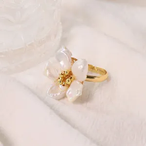 Chic natural pearl flower ring with gold beads, elegant open adjustable band for women jewelry.