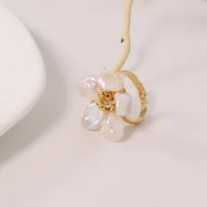 Elegant natural pearl flower ring baroque pearl open adjustable gold ring jewelry fashion