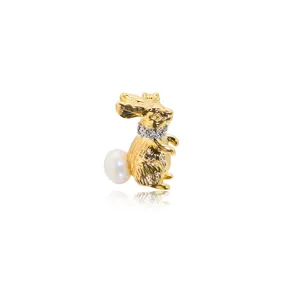 Gold-plated rabbit brooch featuring a natural pearl tail and sparkling rhinestone collar main view.