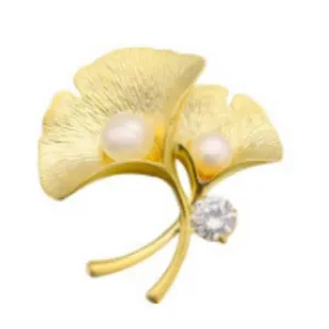 Ginkgo leaf freshwater pearl brooch matte gold lapel pin elegant women suit jewelry main