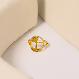 Goldener Titanstahl Lebensbaum Ring mit Perle, eleganter minimalistischer Schmuck für Damen.