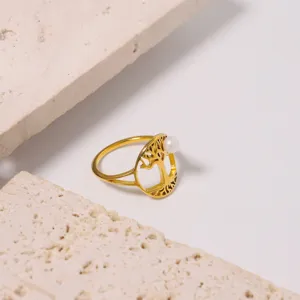 Goldfarbener Lebensbaum Ring mit Süßwasserperle, eleganter Titanschmuck für Frauen
