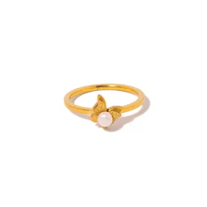 Schöner goldener Perlen Ring für Damen, Schmetterling Edelstahl Vintage Schmuckstück.