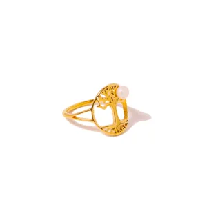 Goldener Titanstahlring mit einem Lebensbaum-Design und Perle für Frauen Hauptansicht