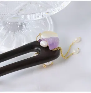 Bâton de cheveux en bois de style chinois avec perles et glands d'améthyste femmes