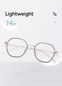 Detail view of lightweight irregular metal eyeglasses frame with chic black and rose gold rim.