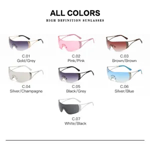 Y2K futuristic shield sunglasses detail view, stylish metal frame multi-color options available.