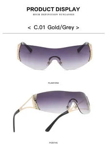 Y2K futuristic shield sunglasses with gradient lenses, gold frames and rhinestone side decor.