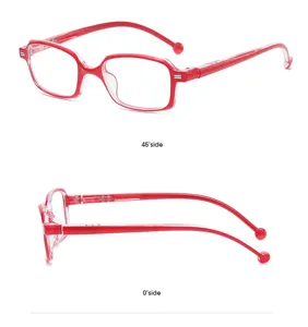 Detail view of red anti-blue light reading glasses, small square frame, stylish design.