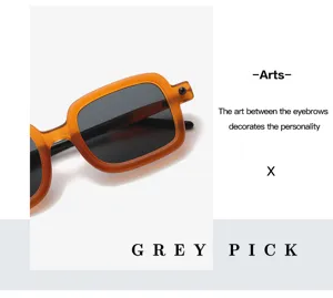 Chunky square sunglasses detail view, retro amber frame with dark lenses, chic street style.