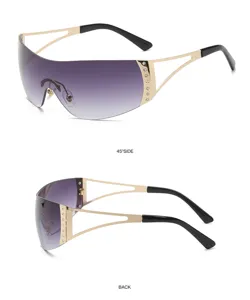 Y2K futuristic fashion sunglasses, rimless gradient shield glasses with rhinestone temples.
