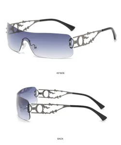 Y2K Retro Farbverlauf blaue rahmenlose Sonnenbrille mit Flammen Metall Bügeln.