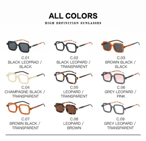 Detailed close-up view of fashionable square sunglasses featuring multiple color options.