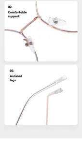 Detailed view of metal anti-blue light glasses frame featuring comfortable nose pads and legs.