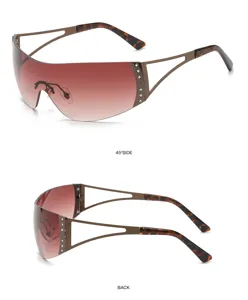 Y2K futuristic fashion sunglasses for women, gradient brown lenses, rhinestone side details.