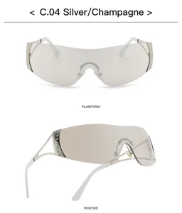 Y2K futuristic tech sunglasses for women, trendy silver champagne rimless rhinestone shades.