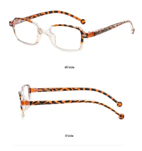 Detail view of anti-blue light reading glasses featuring stylish leopard print temples and clear frame.