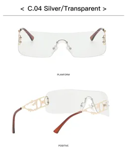 Y2K rahmenlose Sonnenbrille mit Metall hohlen Flammen Bügeln transparente Gläser.