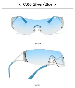 Y2K Futuristic Wrap Around Sunglasses Silver Blue Gradient Lens Rhinestone Temples