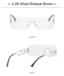 Y2K rahmenlose Sonnenbrille für Damen, futuristische Oversize Brille mit hohlen Metallbügeln.