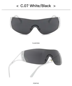 Y2K futuristic shield sunglasses for women, white frame with dark grey lenses and rhinestones.
