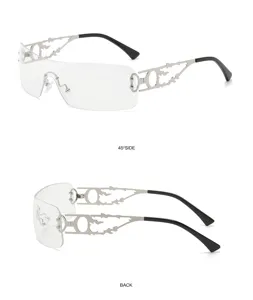 Y2K rahmenlose Sonnenbrille Detailansicht, Metall Flammen Bügel Design, Streetwear Brille.
