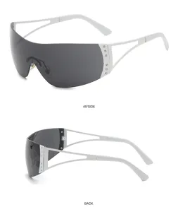 Futuristic Y2K shield sunglasses with white frames, dark lenses, and rhinestone side details.