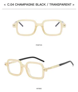 Fashionable thick-rim square eyeglasses with champagne transparent front and black temples.