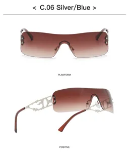 Retro Y2K rahmenlose Sonnenbrille mit Farbverlauf und filigranen Metallbügeln für Damen.