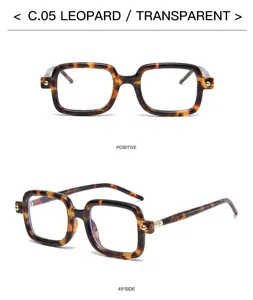 Detailed view of chunky square retro eyeglasses with stylish leopard print frame design.