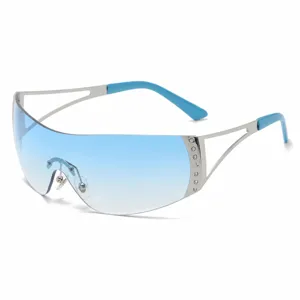 Y2K futuristic wrap-around sunglasses with blue gradient lenses and rhinestone temples.
