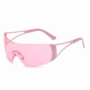 Y2K futuristic pink rhinestone sunglasses for women, trendy wrap-around fashion shades.
