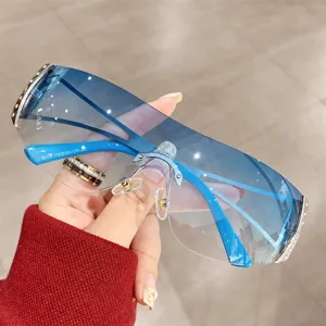 Y2K futuristische Sonnenbrille für Damen, große farbverlauf blaue randlose Modetrend Brille.