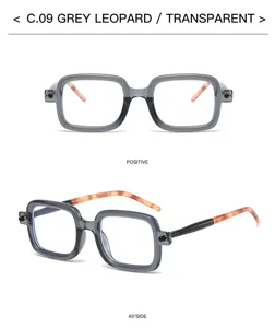 Fashionable grey transparent square frame glasses with leopard temples for men and street style.