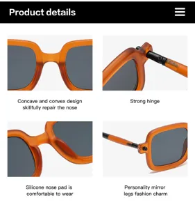 Detailed view of orange square sunglasses showing strong hinges, nose pads, and chic frames.