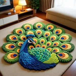 Pfauenförmiger Wohnzimmer-Teppich, kreative Plüsch-Bodenmatte mit lebendigen Feder-Details.