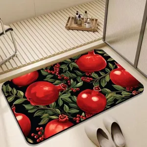 Detailansicht der saugfähigen Kieselgur-Badematte mit Granatapfel-Druck für das Badezimmer.