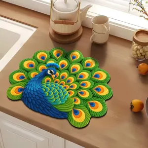 Peacock shaped absorbent kitchen draining mat and heat insulation placemat detail.