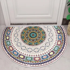 Bohemian Geometric Print Anti Slip Semi Circular Floor Mat Washable Crystal Velvet Rug For Hallway Bathroom Kitchen