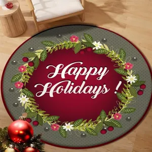 Round festive Christmas floor mat with Happy Holidays greeting and floral wreath