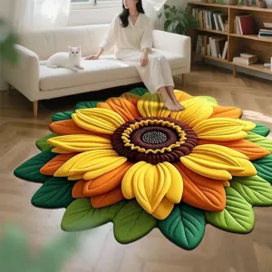 Tapis en peluche tournesol confortable pour salon, tapis de sol floral multicouche doux.