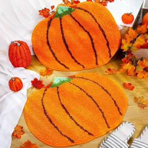 Pumpkin shaped plush door mat cute autumn Thanksgiving non-slip absorbent floor carpet detail