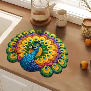 Absorbent Diatom Mud Kitchen Drain Mat Lotus Peacock Floral Table Placemat Heat Resistant Tableware Protector Pad