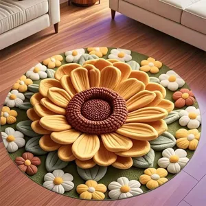 Primer plano de una alfombra redonda de peluche con girasol 3D, decoración floral.