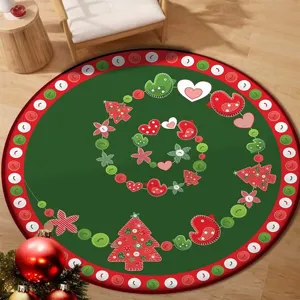 Round green Christmas rug with festive heart and tree patterns on wooden floor