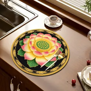 Round lotus pattern diatomaceous mud countertop absorbent draining mat for kitchen table decor.