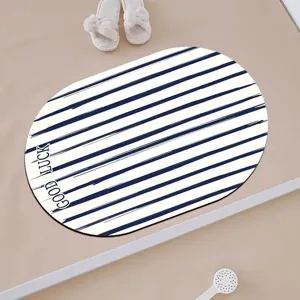 Korean style oval stripe bath mat with good luck print, absorbent floor mat for home.
